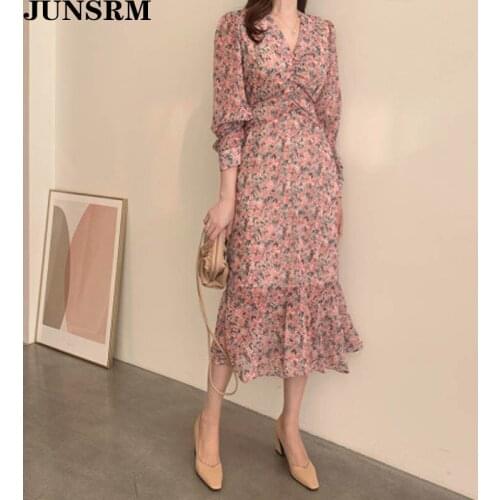 Women Chiffon Dress 2020 Summer New Floral Print V-Neck Ruffle Dress Full Sleeve Elastic Waist Elegant Dress Midi Vestidos