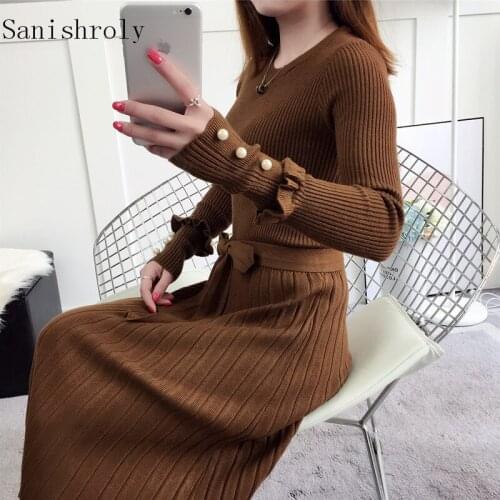Sanishroly 2018 Women Beading Sweater Dress Autumn Winter Tie Bow Sashes Knitted Dresses Ladies Long Pleated Dress Vestidos S242
