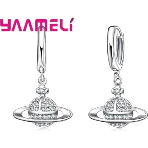 925 Sterling Silver Jewelry Universe Earth Hoop Earrings for Women Girl New Austria Crystal Birthday Anniversary Party Best Gift
