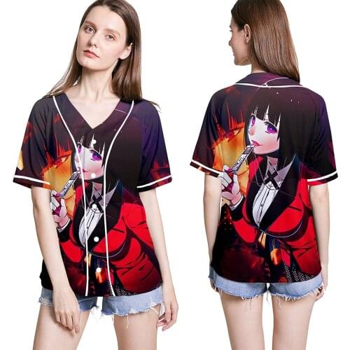 Kakegurui Baseball Jersey Anime Cosplay Jabami Yumeko 3D Print Short-sleeve T-shirt Loose Button Cardigan Tee Top Summer 2021