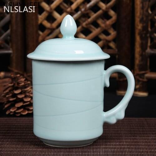 New style Longquan celadon teacup with lid Tea set flower teacup Travel convenience tea set Conference office water cup WSHYUFEI