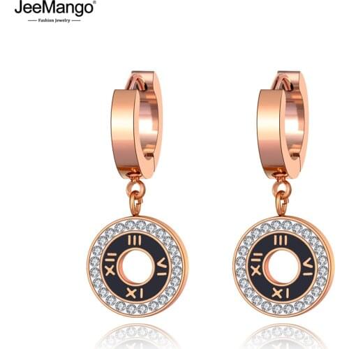 JeeMango Trendy Titanium Stainless Steel Shell Acrylic Roman Numeral Wedding Earrings For Women Rhinestone Hoop Earrings JE20099