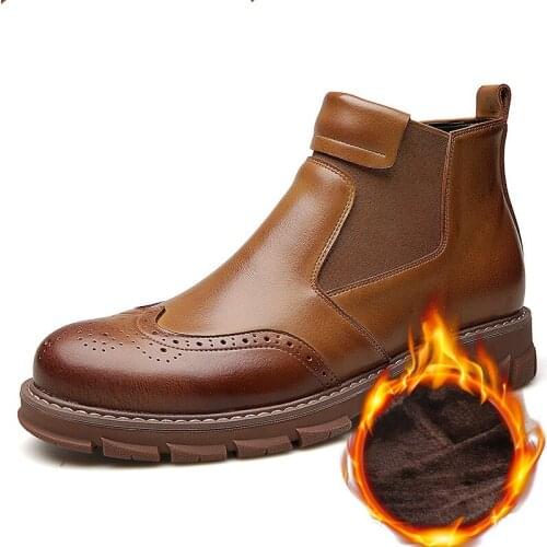 Short Plush, Sleeve Foot Mens Boots First Layer Cowhide Warm Snow Boots Fashion Trend Chelsea Leather Boots