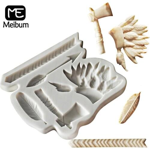 Meibum Feather Headdress Silicone Mold Stone Axe Fondant Cake Mould Sugar Craft Decorating Tools Resin Molds Baking Accessories