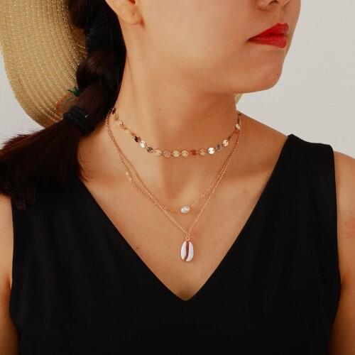 2020 New Fashion 3 Layer Coin Necklace Bohemia Shell Cowrie Pearl Round Sequins Choker Necklace Pendant On Neck Chain Jewelry
