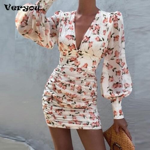 2021 Autumn Puff Sleeve Floral Elegant Dress Women Long Sleeve V Neck Ruched Mini Dress Sexy Vintage Dresses Female Dresses