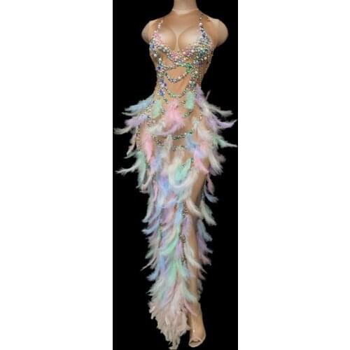 Multi-Color Rhinestone Pearl Sequin Feather Slit Long Dress Prom Birthday Celebrate Dresses Women Singer Dancer Show Wear DT2406