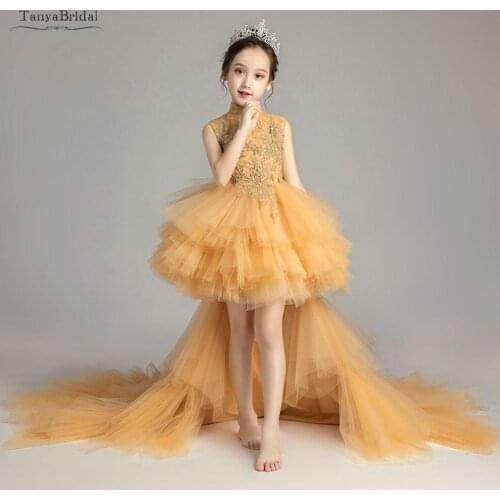 Pageant Flower Girl Dresses 2021 Gold Applique Girls Short Front Long Back Dress First Communion Dresses Wedding Party Gown