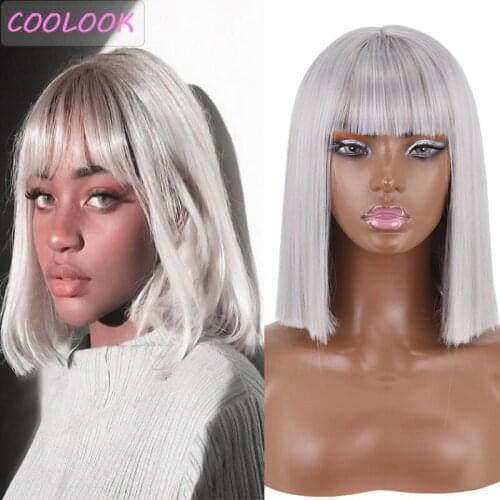 Silver Gray Straight Bob Wigs with Bangs Blonde and Pink Short Bob Wigs for Black Women Synthetic Fibre Fake Hair Lolita Red Wig
