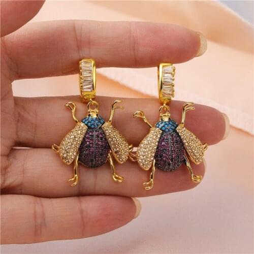 JUWANG 2021New Luxury Stud Earrings For Women AAA Cubic Zirconia Beetle Bee Pendant Dangle Earrings DIY Jewelry Piercing Mujer