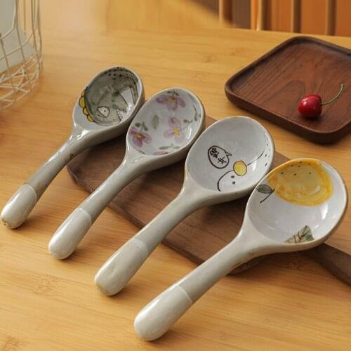 Japanese Style Cute Hand Painted Underglaze Large Spoon Household Soup Spoon Meal Spoon Long Handle Cartoon Strawberry
