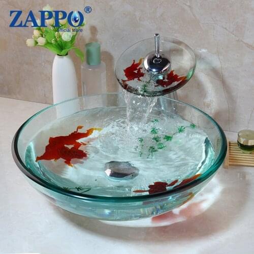 ZAPPO Golden Fish Stlye Bathroom Washbasin Faucets Sets Tempered Basin Glass Sink With Water Faucet Basin Mixer Set&Pop Up Drain