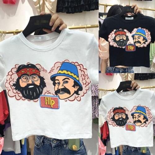 Women Casual Cartoon Figure Letter Print O Neck Short Sleeve T-shirt Crop Top