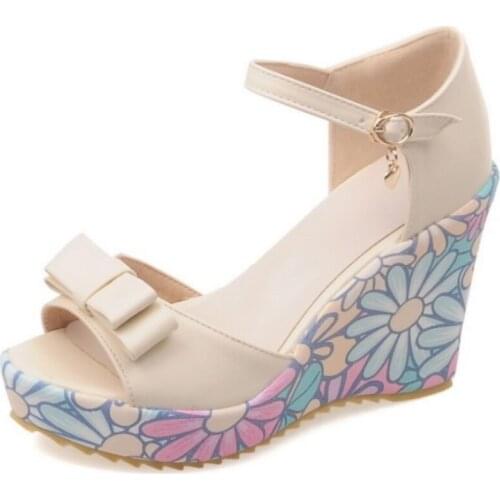 Plus size 34-43 Bowknot Women Summer Open Toe Wedges Sandals Print Platform Women Sandals Pink Blue High Heels Sandalias WSH3923