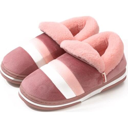 2019 TZLDN Winter New Ladies Striped Slippers Warm Short Plush Indoor Flat Cotton Shoes Living Room Casual Cotton Shoes