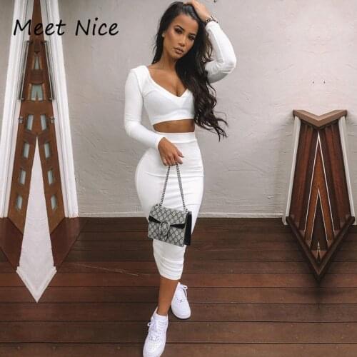 2 Two Piece Set Women 2020 V-neck Crop Tops Skirt Sexy Long Sleeve Casual Short Top Clubwear Womens Sets conjunto feminino