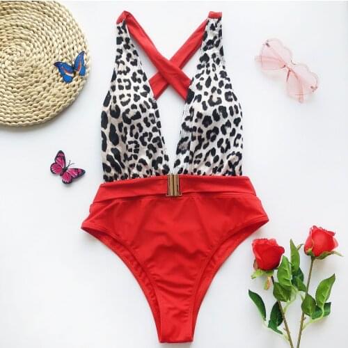 Sexy Swimwear Women Deep V Neck Leopard Patchwork One Piece Swimsuit Female Beach Bathing Suit Belt High Waist Swimwear Monokini