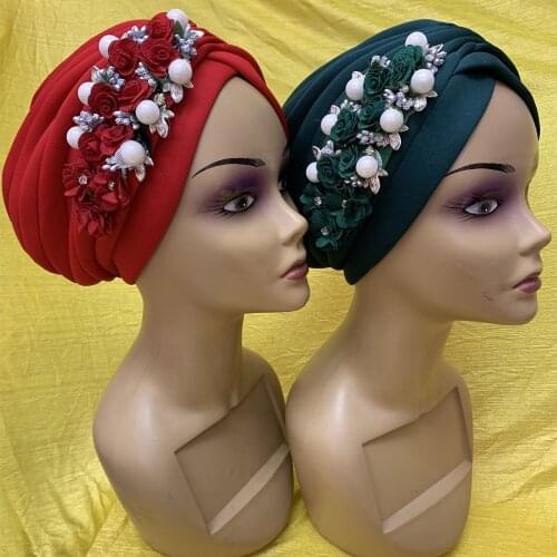 New flower beads design women head wrap african sego headtie nigerian gele ready auto turban hat 12 pics/pack
