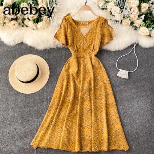 Women Vintage Floral Print Dress Summer V Neck Ruffle Sleeve A Line Dresses Vacation Beach Casual Dress French Style
