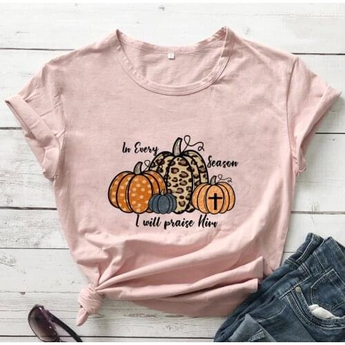 Colored In Every Season I Will Praise Him T-shirt Vintage Leopard Pumpkin Fall Season Tshirt Aesthetic Women Faith Bible Top Tee