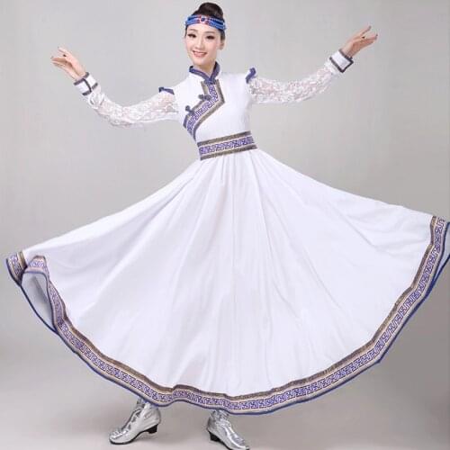 Long mongolia tibetan style dress for women festival dance costumes folk dance stage wear mongolia white princess dress