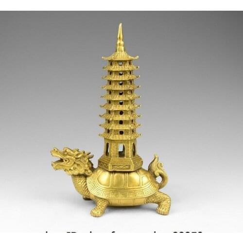 China Brass Copper Figurine Fengshui Dragon turtle Tortoise Pagoda Tower Statue