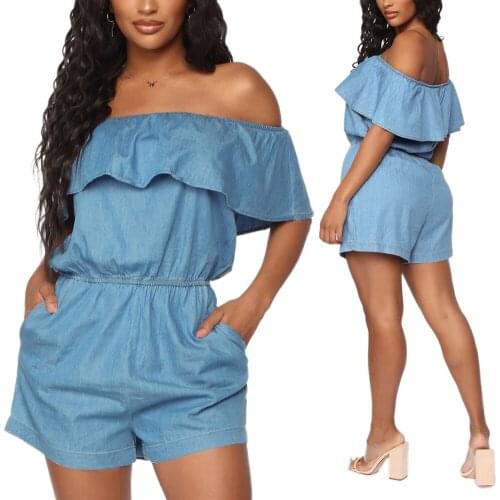 Imcute Strapless Off Shoulder Ruffles Playsuit Sexy Sleeveless Women Denim Look Summer High Waist Loose Jumpsuit Shorts Rompers