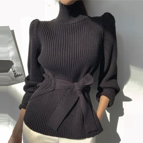 Korean Vintage Elegant Turtleneck Autumn Winter Sweaters New Long Sleeve Lacing Bow Pullovers 2021 Fashion Sweet Sweater