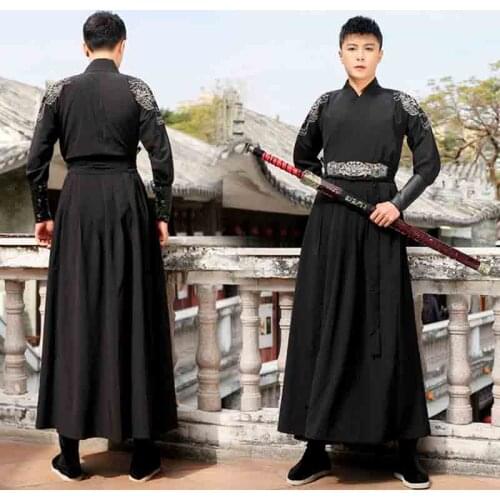 Men Hanfu Black Ancient Chinese Han Dynasty Traditional Costume Deluxe Male Halloween Costume Fancy Dress For Man Plus Size 2XL