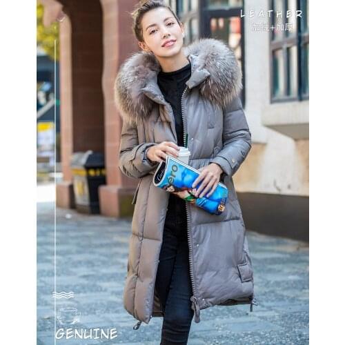 2020 New Womens Genuine Leather Coat Winter Warm 90% Duck Down Jacket Women Raccoon Fur Coat Real Sheepskin Parkas Mujer