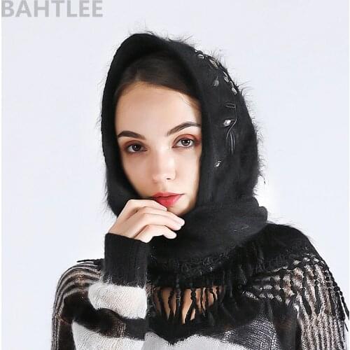 BAHTLEE Autumn winter womens angora rabbit turban hijab Poncho triangular shawl scarf real Fur Wrap knitted cloak cape