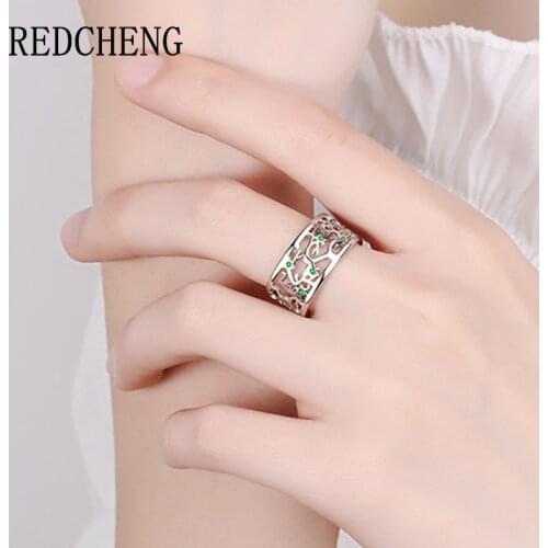 REDCHENG 925 Sterling Silver Life Tree Green Zircon Openwork Rings for Women Fashion Temperament Exquisite Wedding Jewelry Gifts