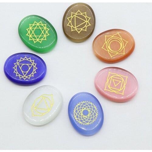 Seven Chakra cat eye Stone Energy carved oval pendants 7pcs Reiki for Healing Meditation home decoration