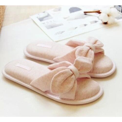 New Women Slippers Autumn Casual Soft Cotton Non-slip Flat Comfortable slipper Cute Pink Bowknot Ladies Indoor Home Floor Shoes
