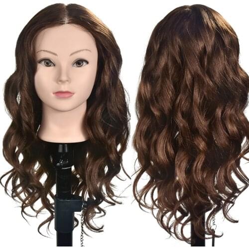 20" Human Hair Training Head Long Brown Hair for Salon Hairdressing Dummy Dolls Professional Perm Bleaching Hair Head Mannequin
