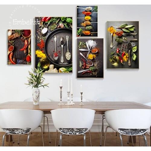 Embelish Vegetable Fruits Peppers Grains Spoons Restaurant Kitchen Decor Wall Art Pictures HD Canvas Painting Living Room Poster