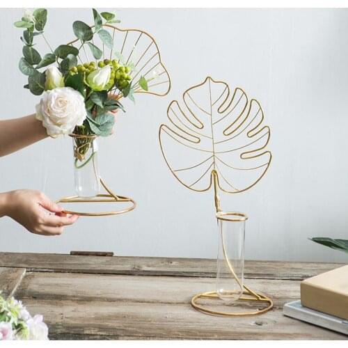 Clear Tube Flower Bud Vase with Hollow Metal Leaf Stand Glass Terrariums Planter for Hydroponics Plants Home Wedding Decoration