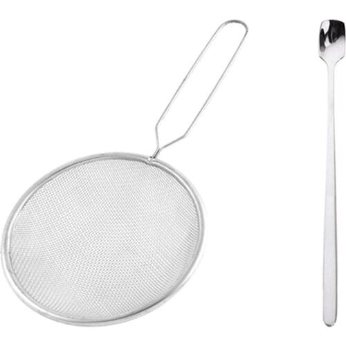 Fine Mesh Strainer Oil Colander Sieve Scoop 12cm Dia with 1 Pc Long Handle Ice Cream Spoon Square Head