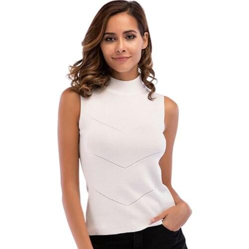 Women Autumn Ribbed Knit Sleeveless Tank Top Slim Fit Mock Turtleneck Pullover Sweater Pain Solid Color Stretch Basic Shirts Str