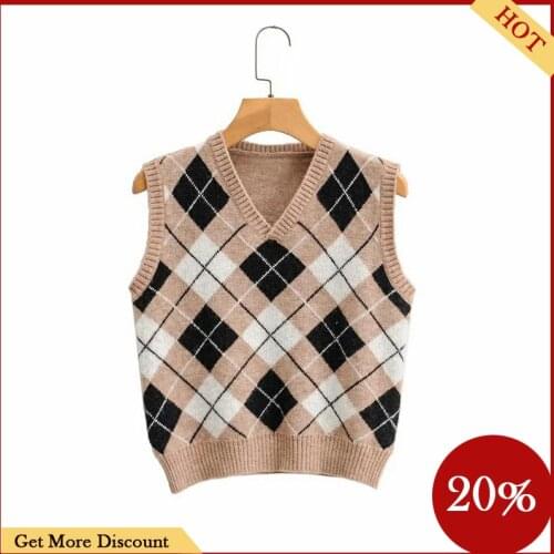 Hirigin Y2K Women Sweater Vest Waistcoat Retro V-Neck Sleeveless Knitting Sweater Argyle Pattern Clothes for Female Fall Winter