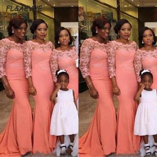 In Stock Mermaid Bridesmaid Dresses Lace Top and Sleeves Coral Bridesmaid Dress Long Floor Length for Wedding Party