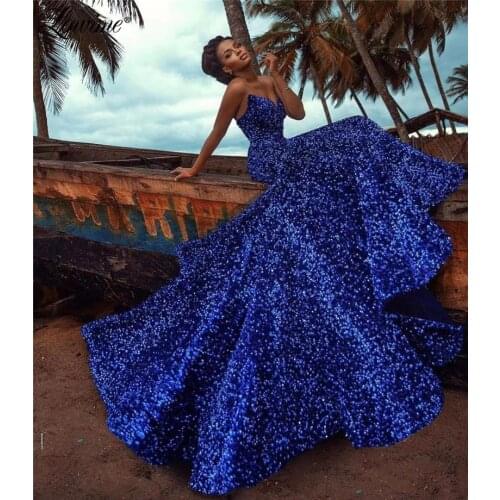 Lowime Royal Blue Sequins Mermaid Evening Dress 2021 Long Celebrity Dresses Formal Party Gowns Special Occasion Dresses Robes