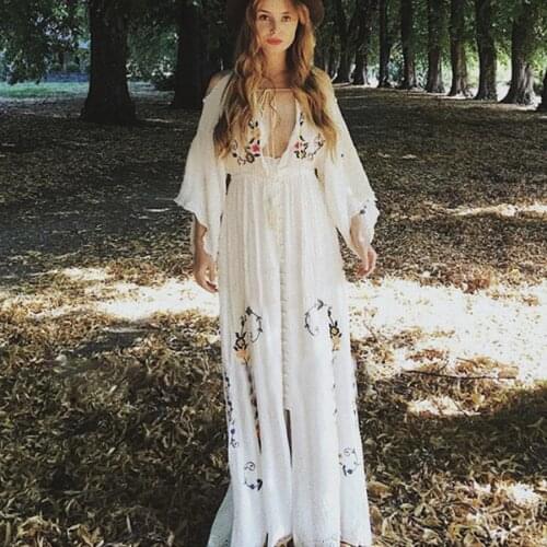 TEELYNN white maxi dress sexy deep V-neck summer dress Vintage cotton floral Embroidery Elastic waist beach dress women dresses