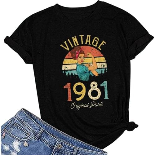 40# Vintage T-Shirts Women oversized Letters 1981 Print Casual t-Shirt O-Neck Short Sleeve Pullover summer Tee Tops футболка