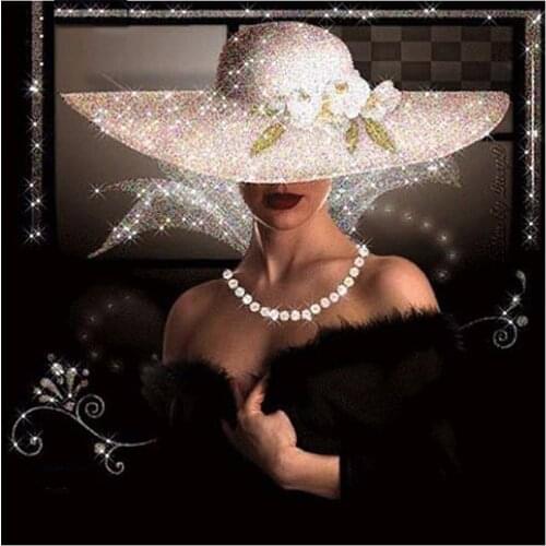 5D DIY Full Square Round Diamond Embroidery White Hat Woman Diamond Painting Cross Stitch Rhinestone Mosaic Decoration WHW