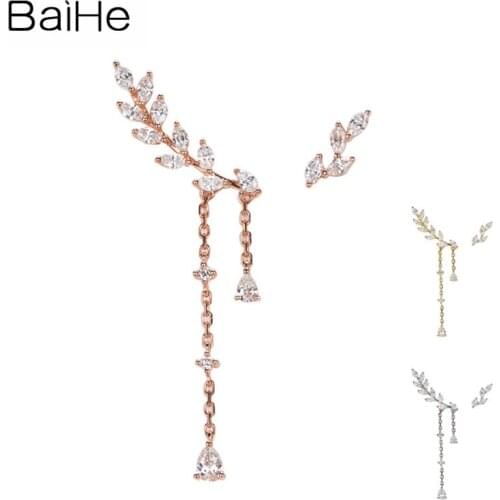 BAIHE Genuine Solid 18K Rose Gold 0.67ct H/SI Sparkling Leaf Diamond Earring Horse Eye Stud Earrings Women Cерьги Fine Jewelry