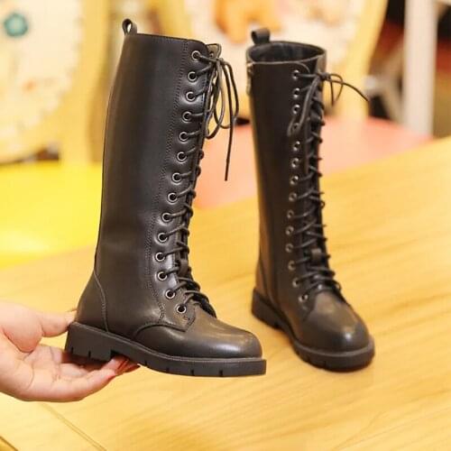 Autumn Winter Children Fashion Show Long Boots For Kids Girls Non-slip Knee-high Lace up Motorcycle Snow Boots Red Black New