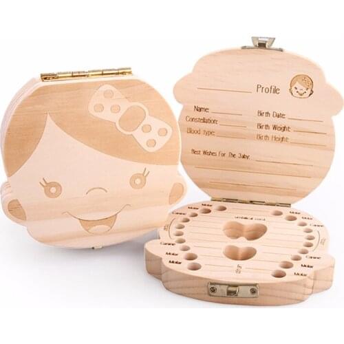 Baby Milk Teeth Storage Box English Russion Spanish Franch Portuguese Baby Wooden Tooth Box Organizer Kids Deciduous Collect Box