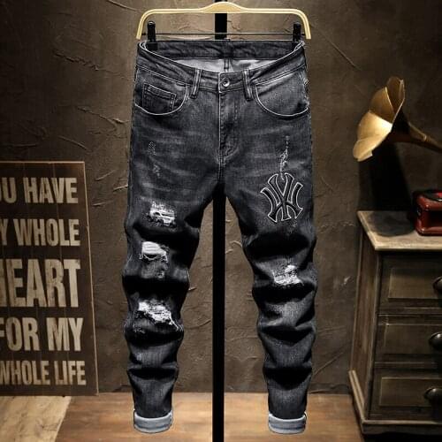 Embroidery Boutique European Men Brand Slim Jeans Denim Trousers Stretch Blue Patchwork Hole Pants Autumn and winter style man