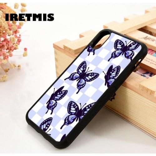 Iretmis 5 5S SE 6 6S TPU Silicone Rubber Phone Case Cover for iPhone 7 8 Plus X Xs 11 12 MINI Pro Max XR Butterfly check purple